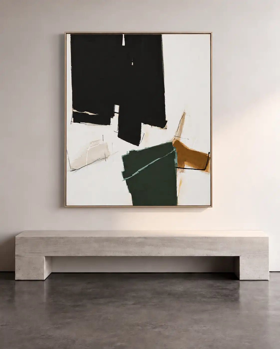 Peinture à l’huile abstraite – Formes géométriques noires, vertes et ocre