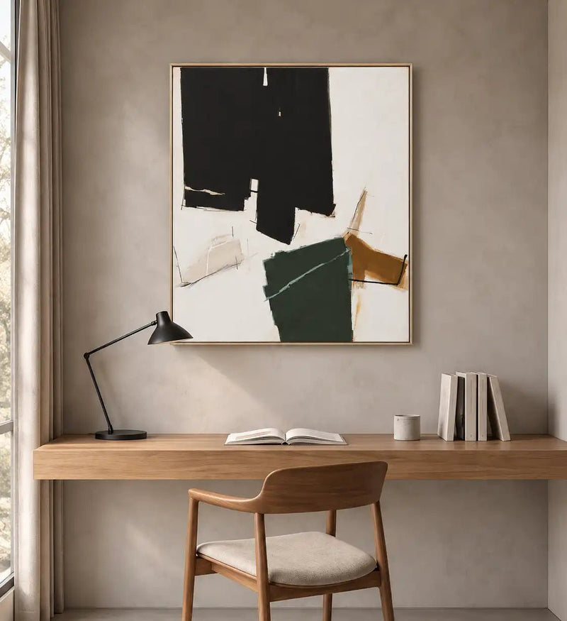 Abstract Oil Painting - Black, Green and Ochre Geometric Wall Art