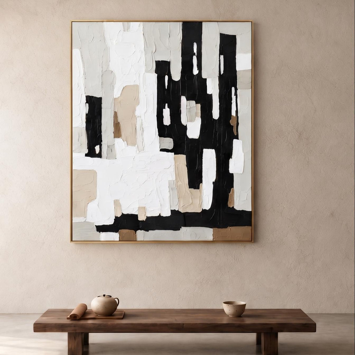 Abstract Oil Painting - Black White and Beige Geometric Texture