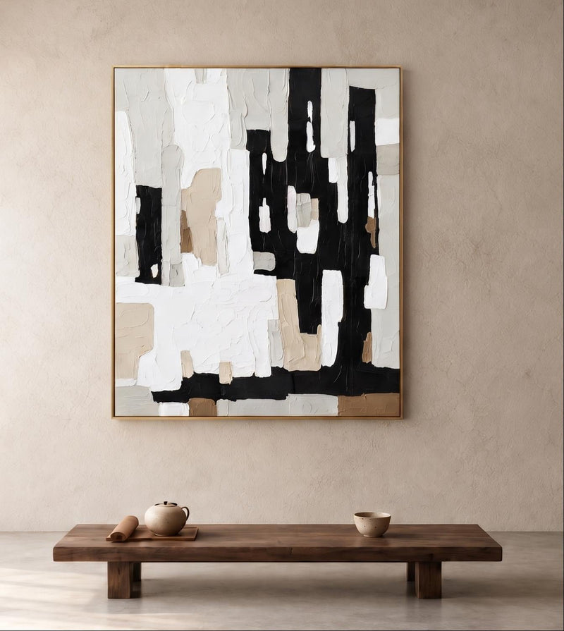Abstract Oil Painting - Black White and Beige Geometric Texture