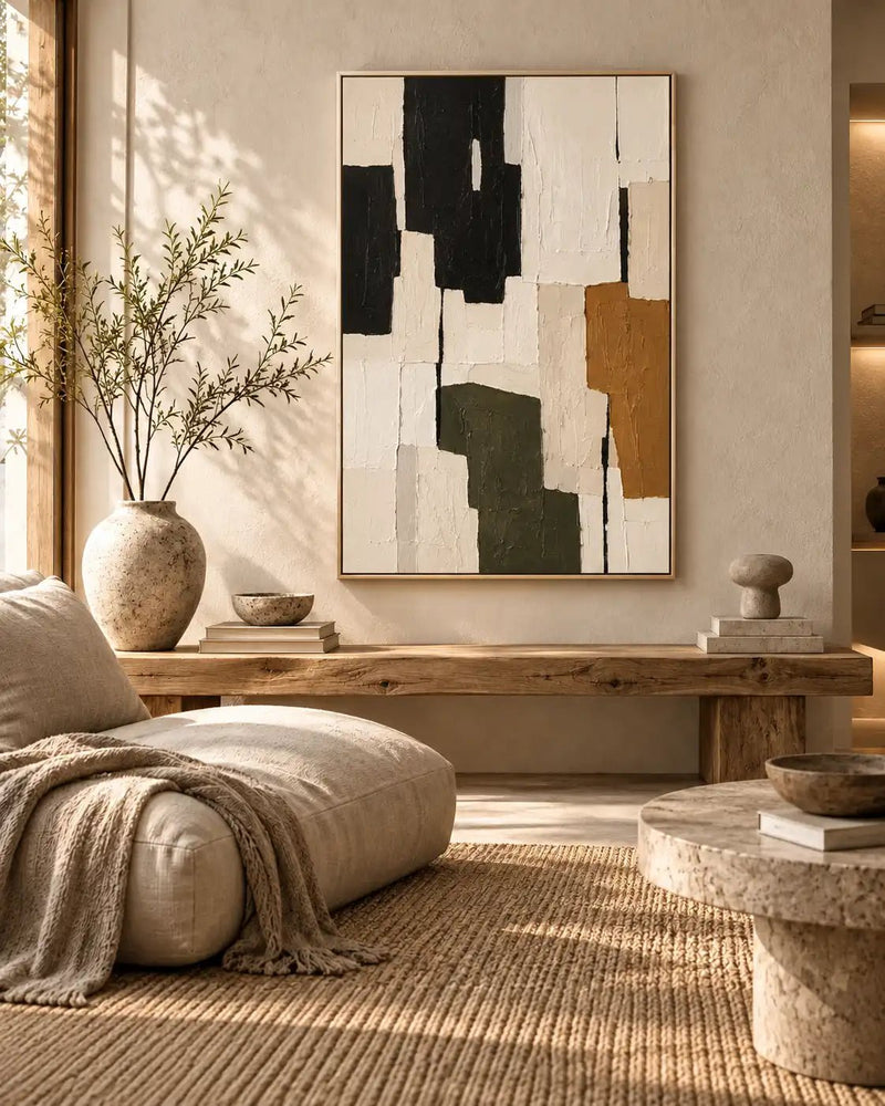 Abstract Oil Painting - Black White and Beige Geometric Texture