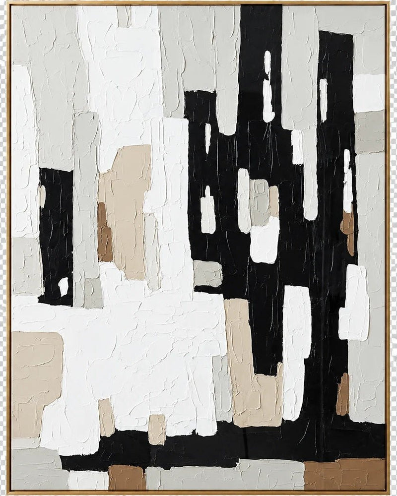 Abstract Oil Painting - Black White and Beige Geometric Texture