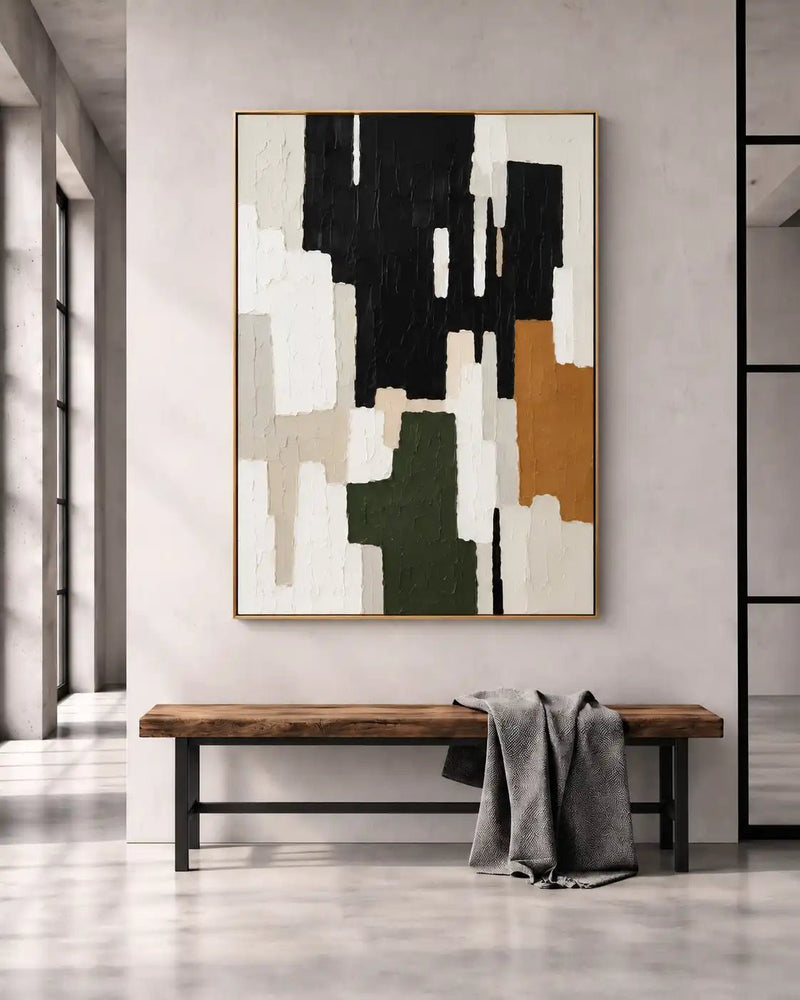 Abstract Oil Painting - Black White and Beige Geometric Texture