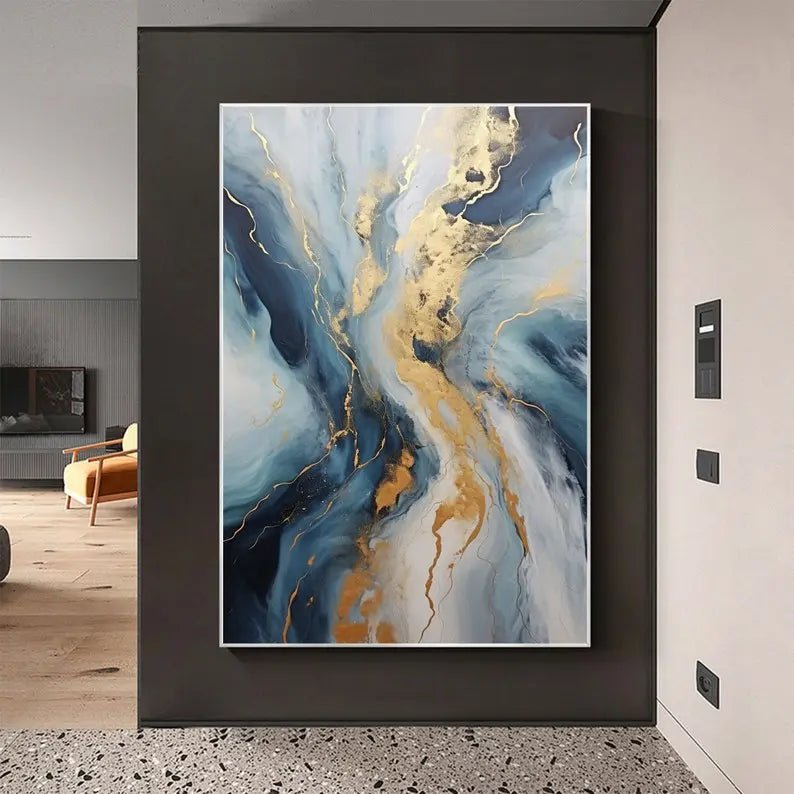 Abstract Oil Painting - Blue and Gold Fluid Art Wall Decor - Oil Painting Haven