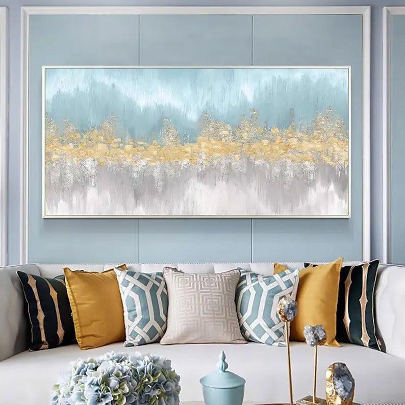 Abstract Oil Painting - Blue and Gold Textured Wall Art - Oil Painting Haven