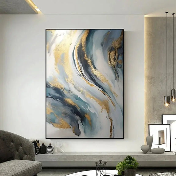 Abstract Oil Painting - Blue, Gray, and Gold Fluid Wall Art - Oil Painting Haven