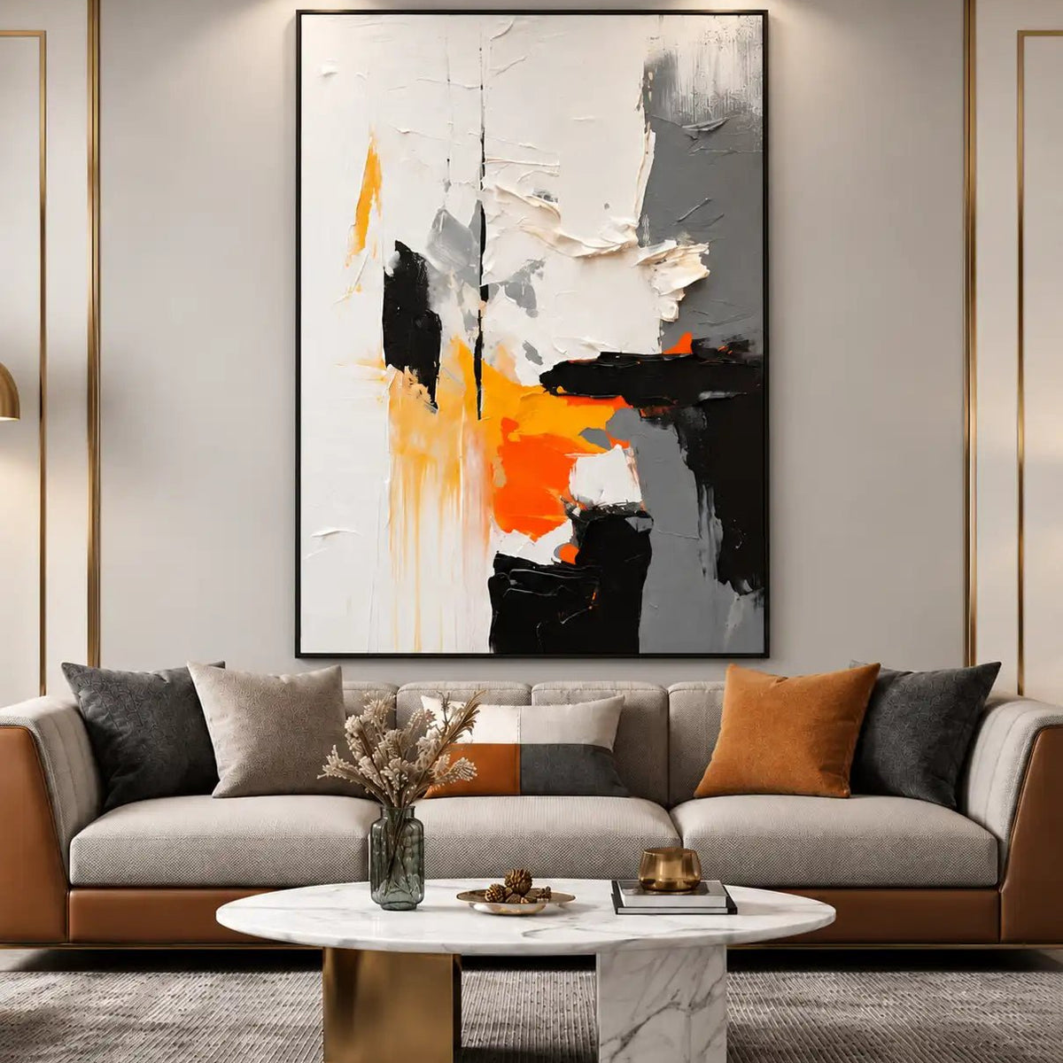 Abstract Oil Painting - Bold Orange and Black Impasto Canvas Art