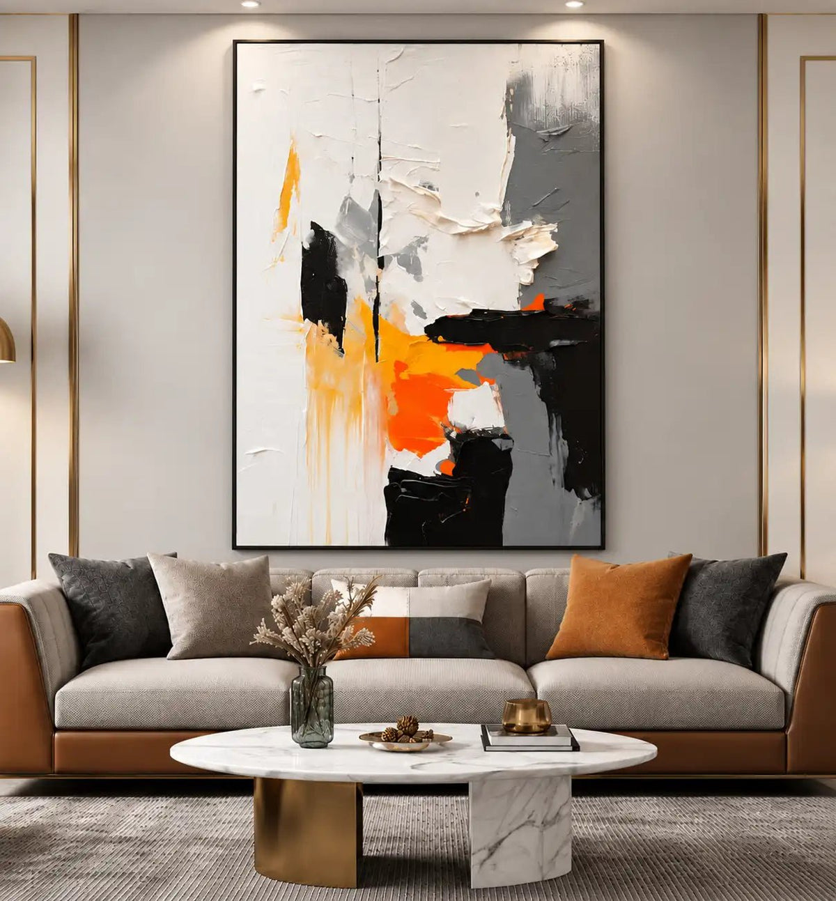 Peinture à l’huile – Empâtements orange et noirs sur fond blanc et gris