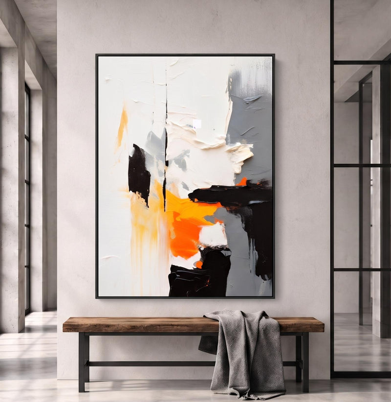 Abstract Oil Painting - Bold Orange and Black Impasto Canvas Art