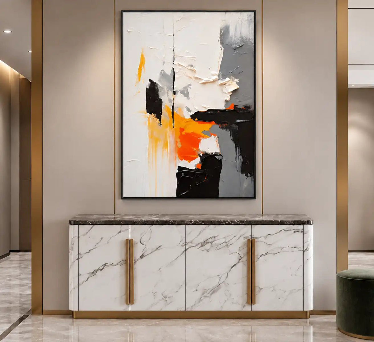 Abstract Oil Painting - Bold Orange and Black Impasto Canvas Art