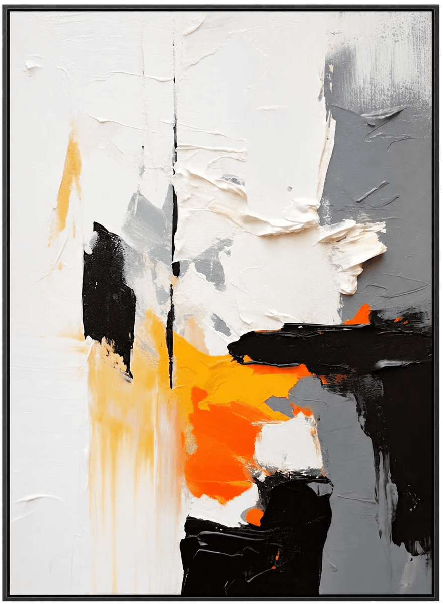 Abstract Oil Painting - Bold Orange and Black Impasto Canvas Art