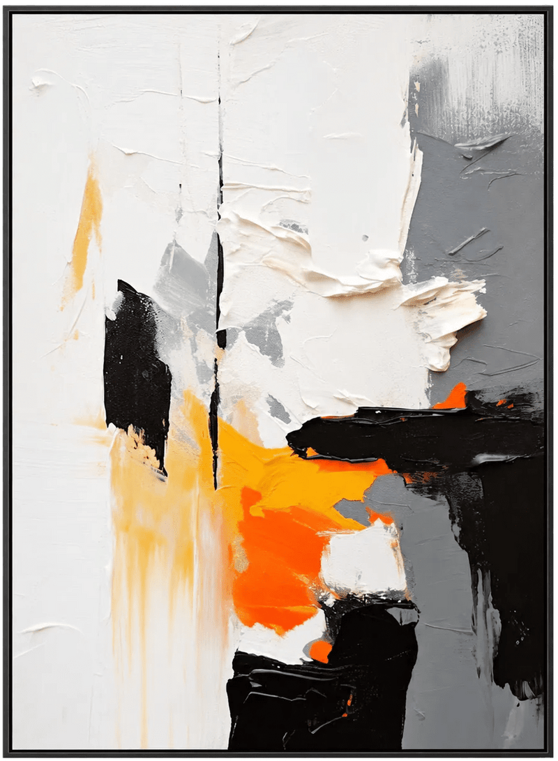 Abstract Oil Painting - Bold Orange and Black Impasto Canvas Art