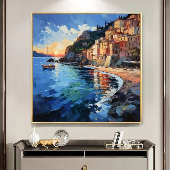 Abstract Oil Painting - Coastal Town Sunset Scene Wall Art - Oil Painting Haven