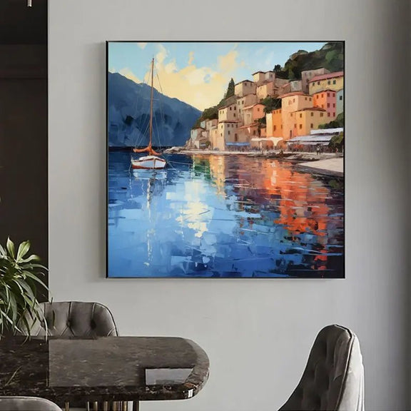 Abstract Oil Painting - Coastal Village with Sailboat Wall Art - Oil Painting Haven