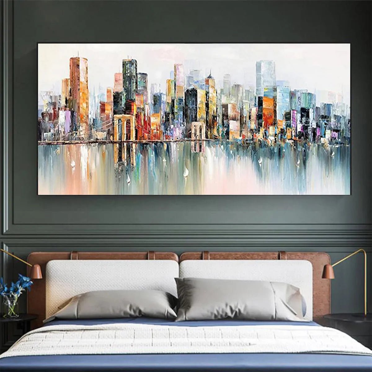 Peinture à l’huile abstraite – Silhouette urbaine colorée et reflets dans l’eau
