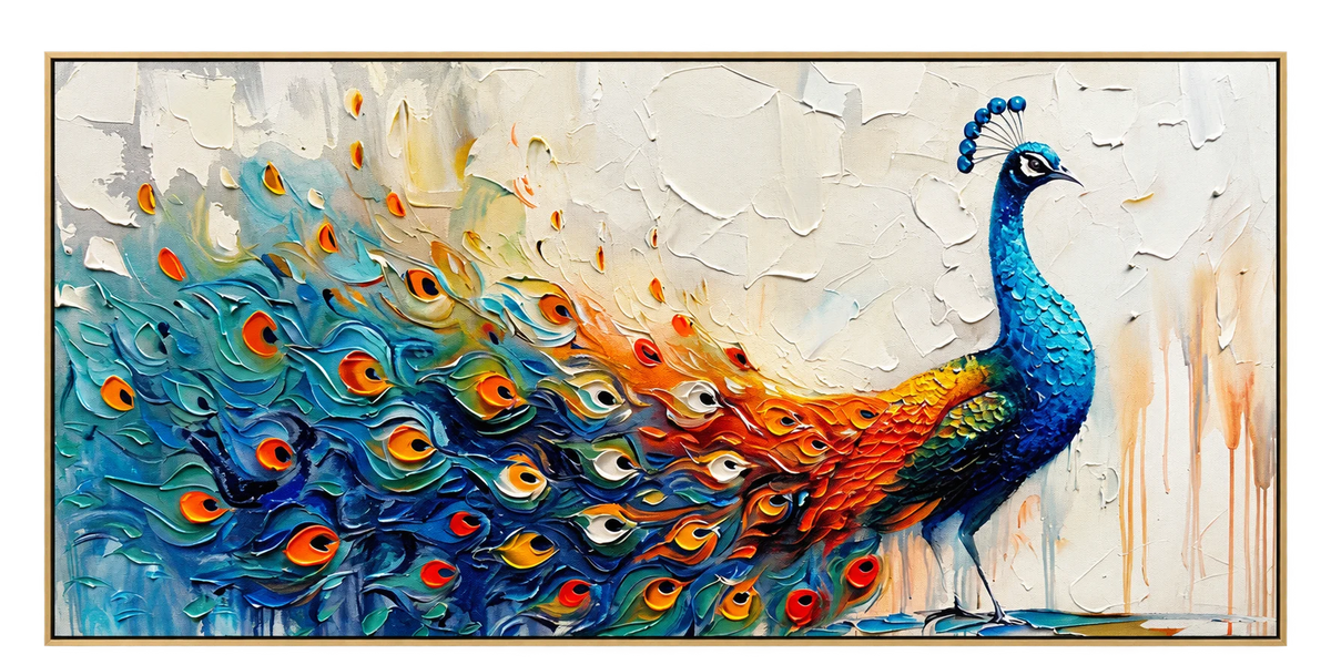 Abstract Oil Painting - Colorful Peacock with Textured Feathers