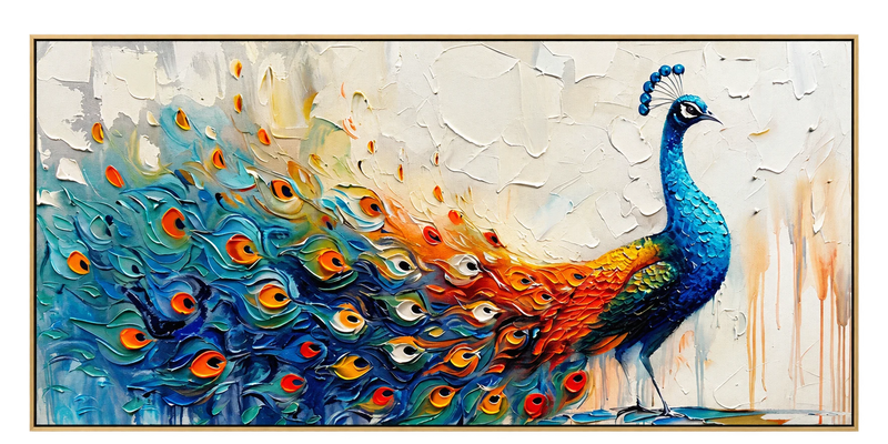 Abstract Oil Painting - Colorful Peacock with Textured Feathers