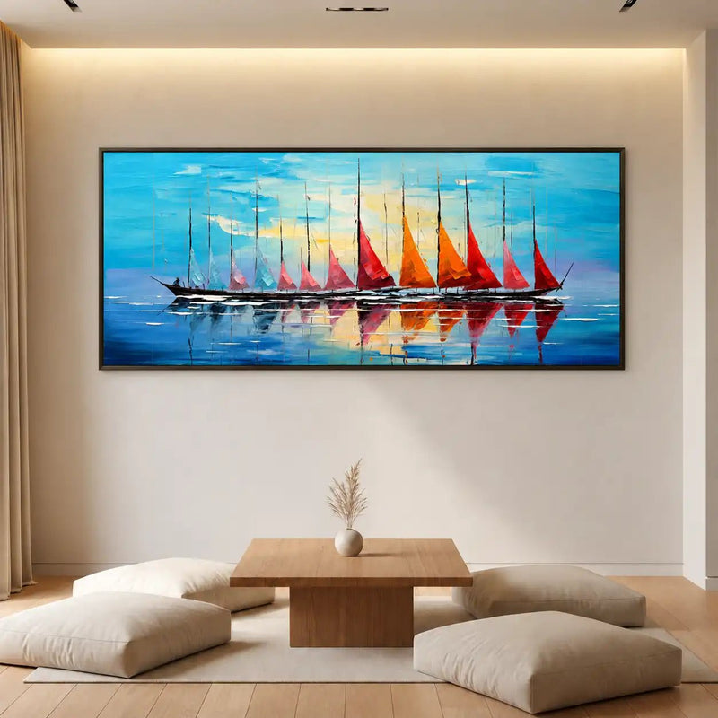 Abstract Oil Painting - Colorful Sailboats on Blue Water Canvas