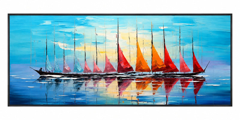 Abstract Oil Painting - Colorful Sailboats on Blue Water Canvas