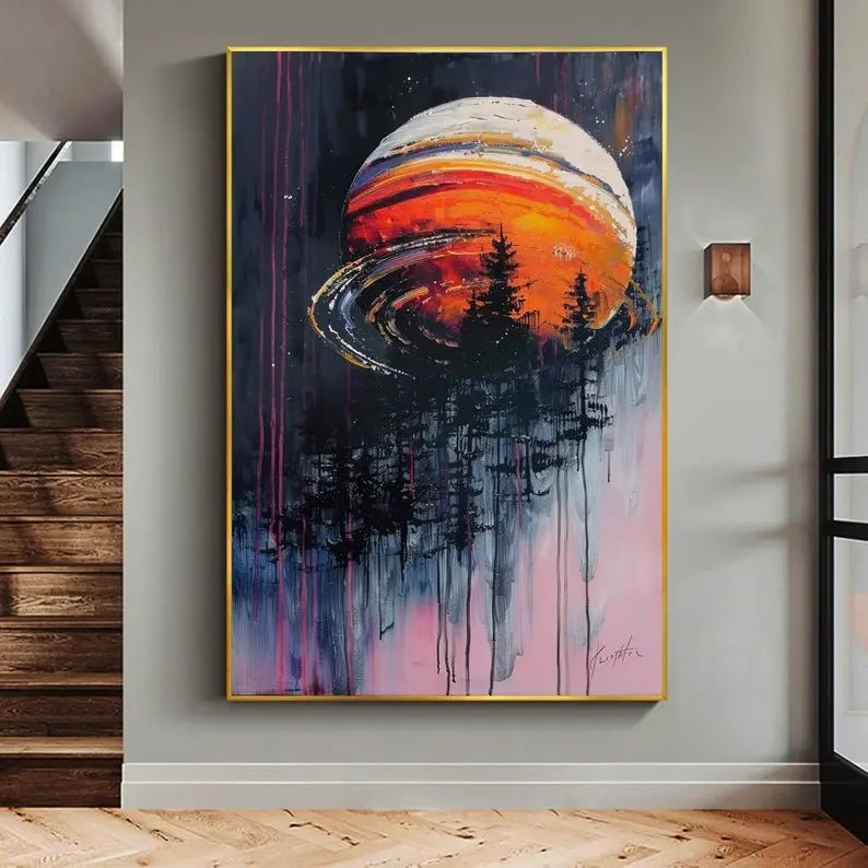 Abstract Oil Painting - Cosmic Planet with Forest Silhouette Wall Art - Oil Painting Haven