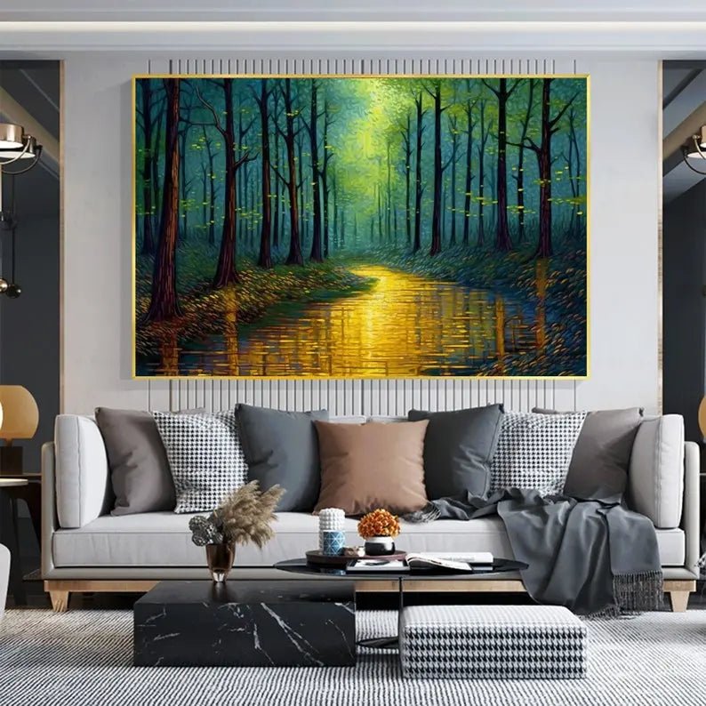 Abstract Oil Painting - Enchanted Forest River with Golden Light Wall Art - Oil Painting Haven