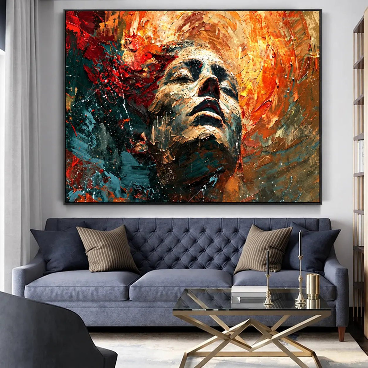 Peinture à l’huile – Portrait féminin expressif orange et bleu sarcelle