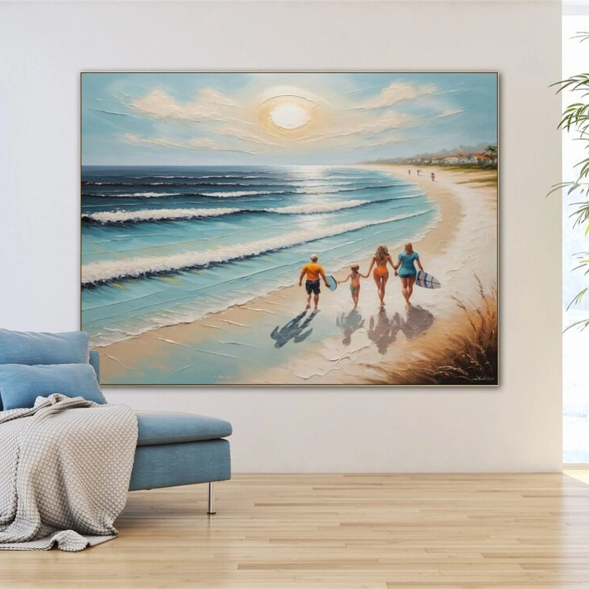 Abstract Oil Painting - Family Beach Walk by a Bright Blue Ocean