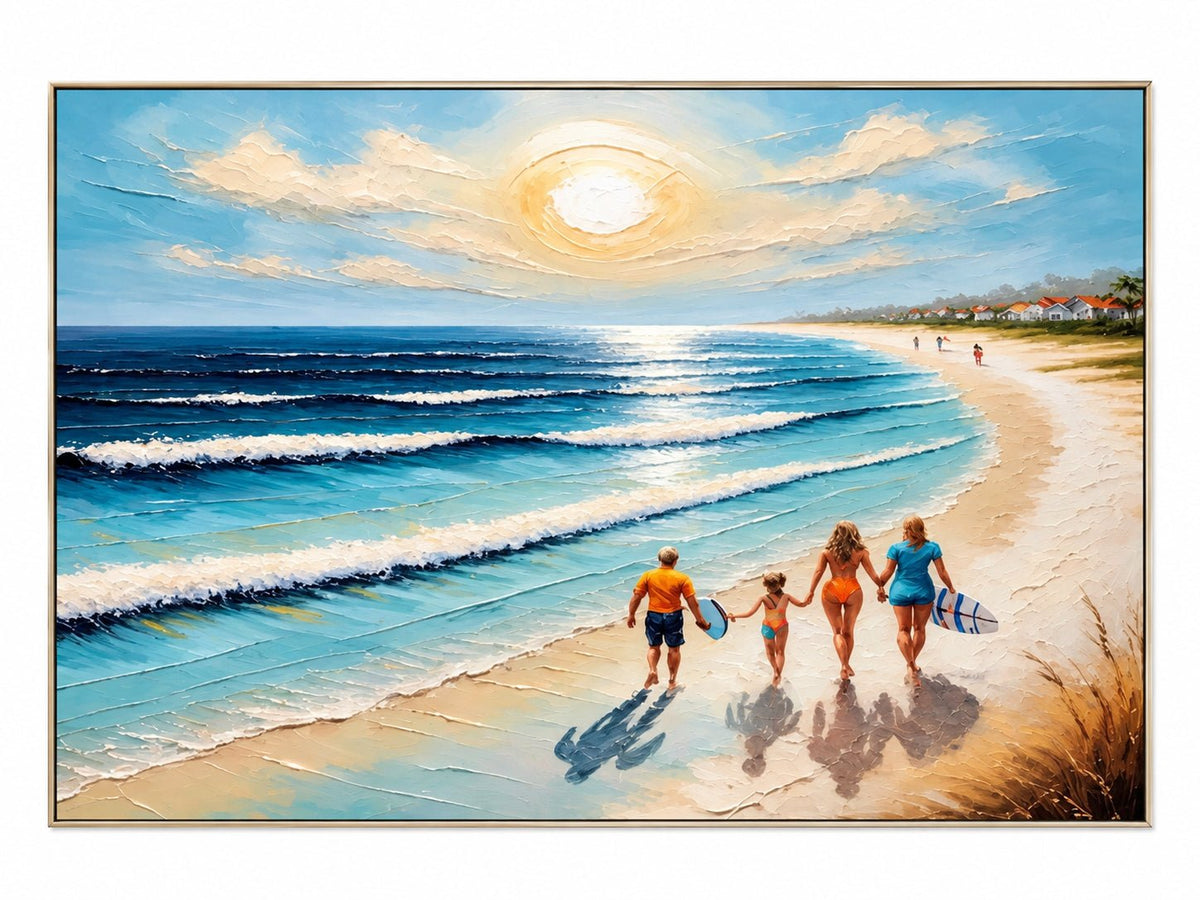 Abstract Oil Painting - Family Beach Walk by a Bright Blue Ocean