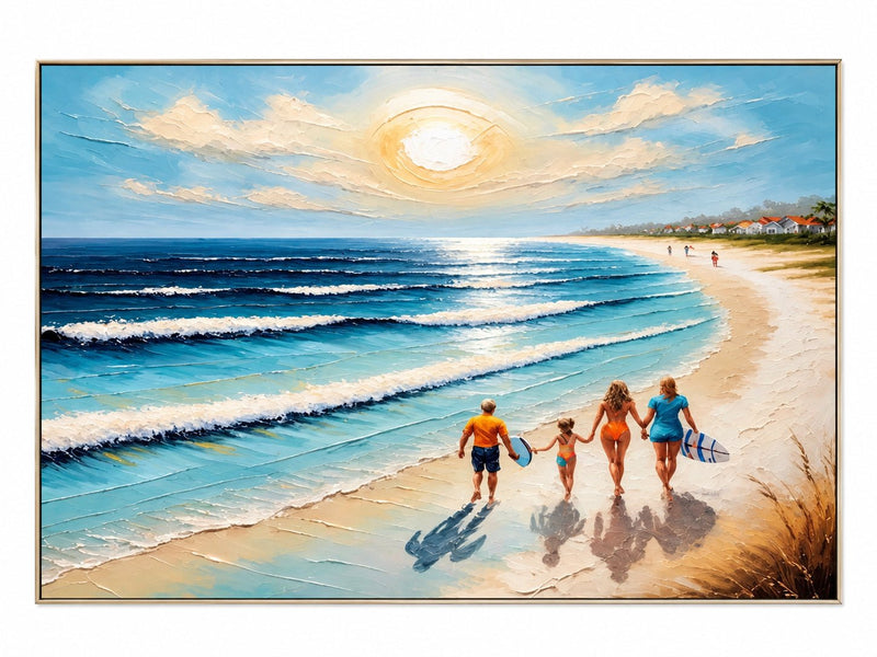 Abstract Oil Painting - Family Beach Walk by a Bright Blue Ocean