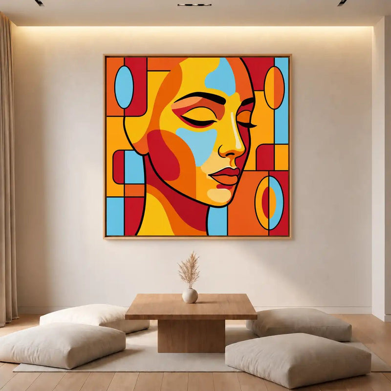 Abstract Oil Painting - Geometric Woman Portrait in Bold Colors
