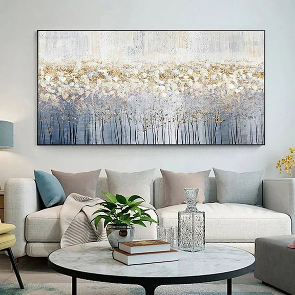 Abstract Oil Painting: Gold and Blue Forest - Inspired Wall Art - Oil Painting Haven