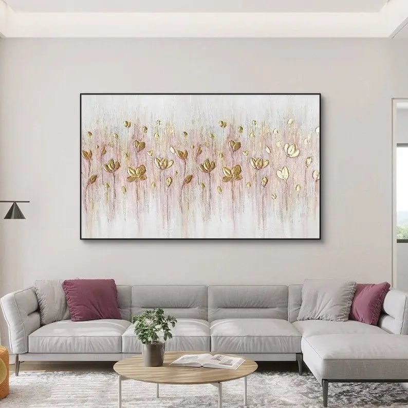 Abstract Oil Painting - Gold Floral with Pink Accents Wall Art - Oil Painting Haven