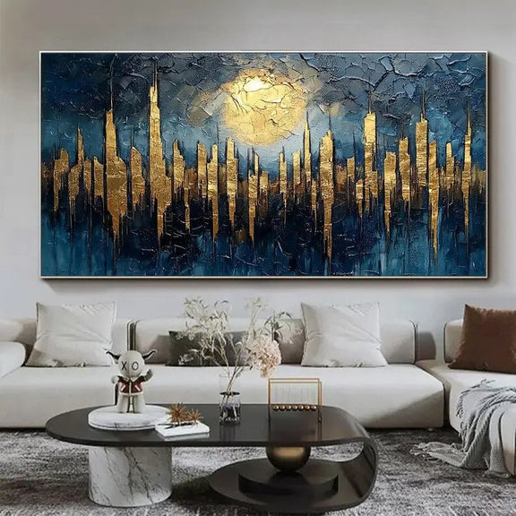 Abstract Oil Painting - Golden Cityscape Under Moonlit Sky Wall Art - Oil Painting Haven