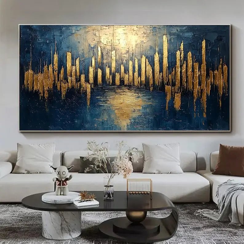 Abstract Oil Painting - Golden Cityscape with Blue Reflection Wall Art - Oil Painting Haven