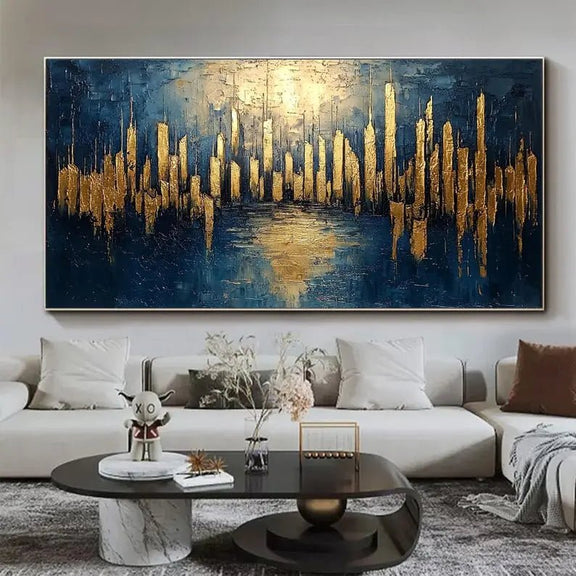 Abstract Oil Painting - Golden Cityscape with Blue Reflection Wall Art - Oil Painting Haven