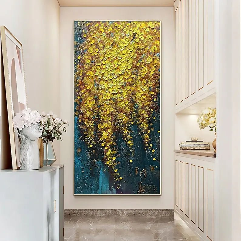 Abstract Oil Painting - Golden Floral Cascade Wall Art - Oil Painting Haven