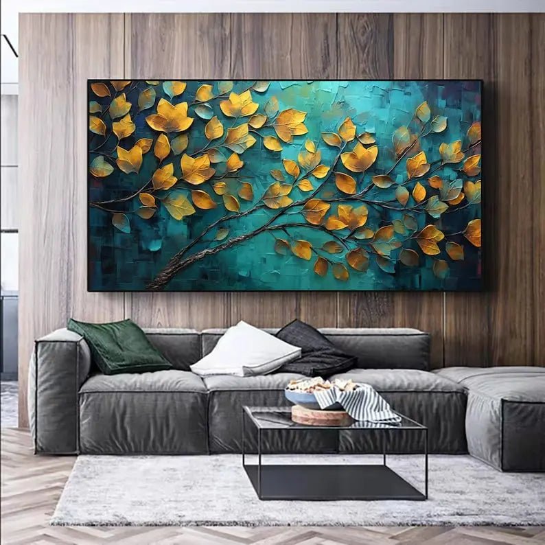 Abstract Oil Painting - Golden Leaves on Teal Background Wall Art - Oil Painting Haven