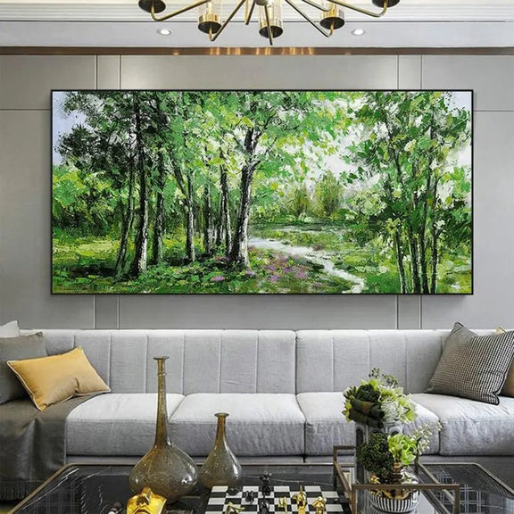 Abstract Oil Painting - Lush Green Forest Path Wall Art - Oil Painting Haven