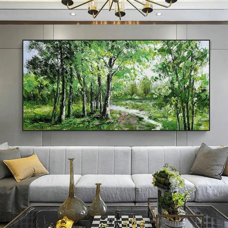 Abstract Oil Painting - Lush Green Forest Path Wall Art - Oil Painting Haven