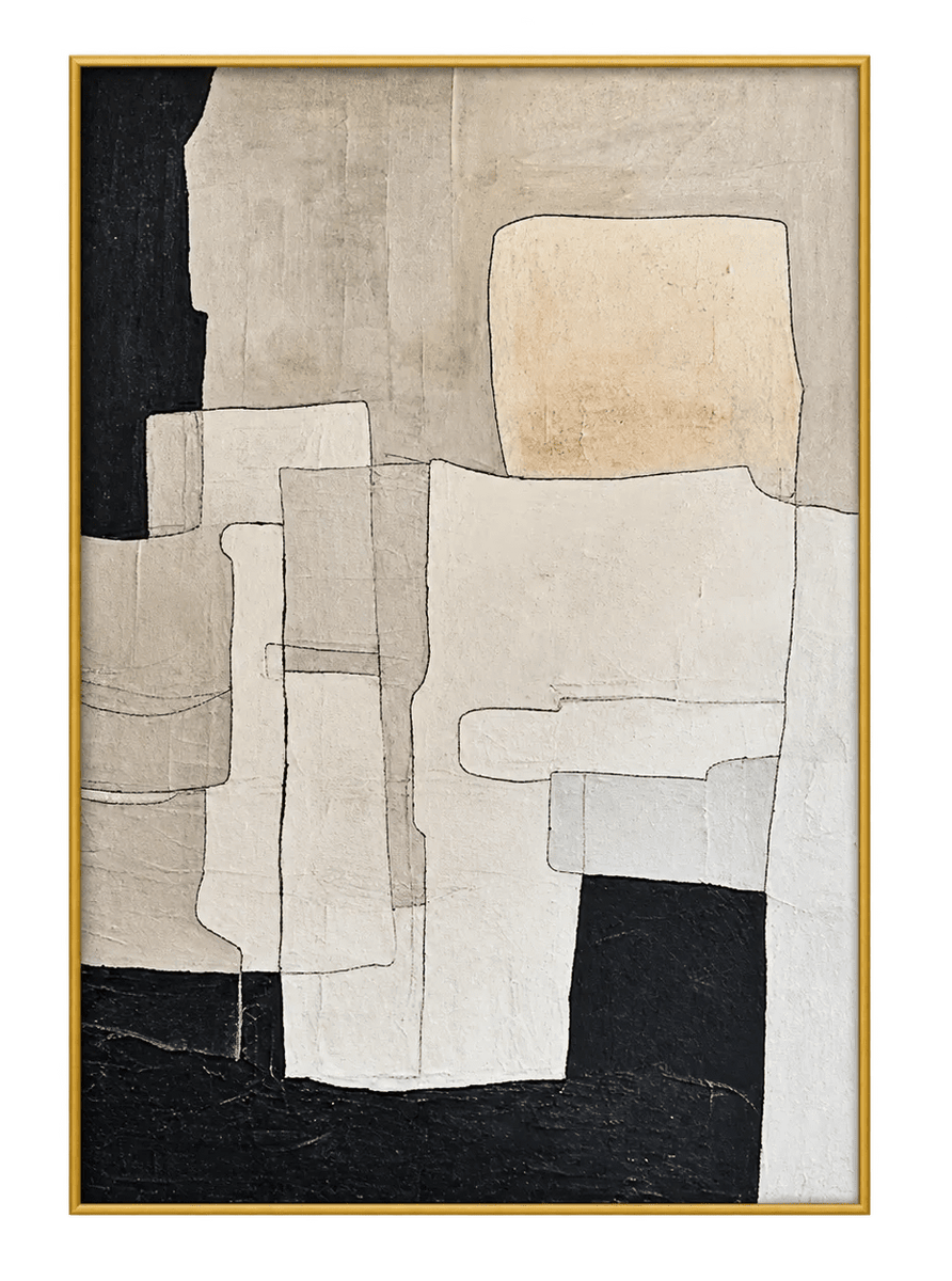 Abstract Oil Painting - Minimalist Black and Beige Geometric Art