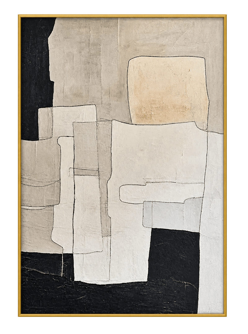 Abstract Oil Painting - Minimalist Black and Beige Geometric Art
