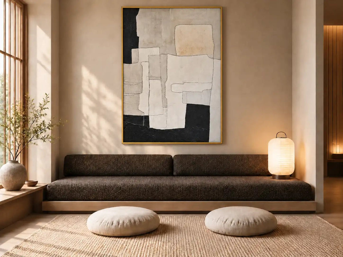 Abstract Oil Painting - Minimalist Black and Beige Geometric Art