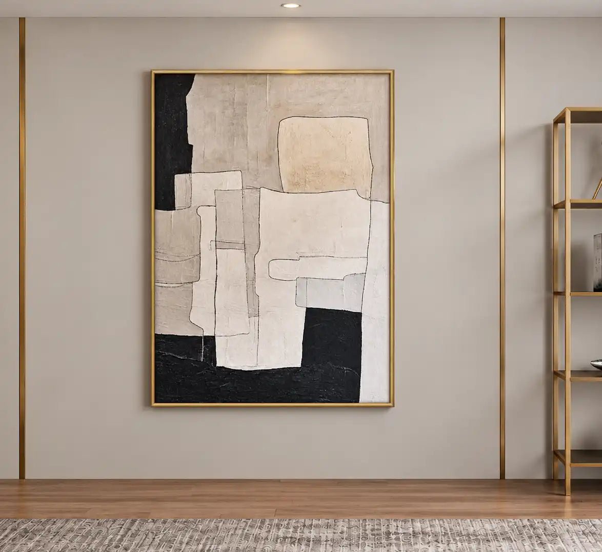 Abstract Oil Painting - Minimalist Black and Beige Geometric Art