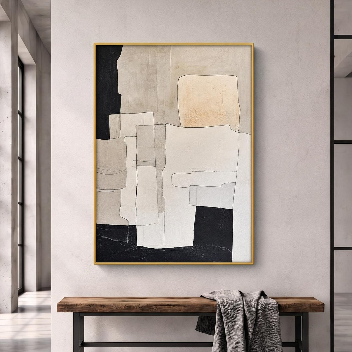 Abstract Oil Painting - Minimalist Black and Beige Geometric Art