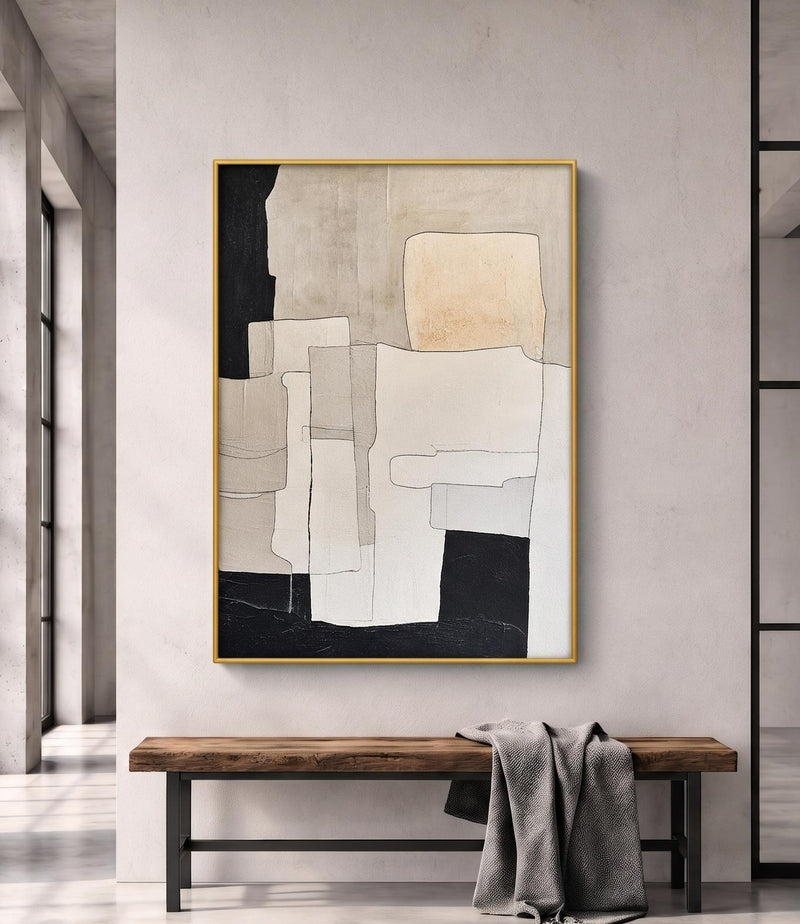 Abstract Oil Painting - Minimalist Black and Beige Geometric Art