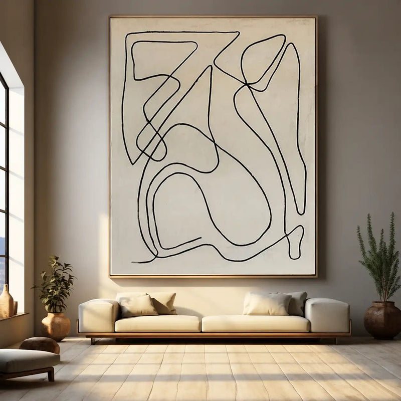 Abstract Oil Painting - Minimalist Black Line Art on Canvas
