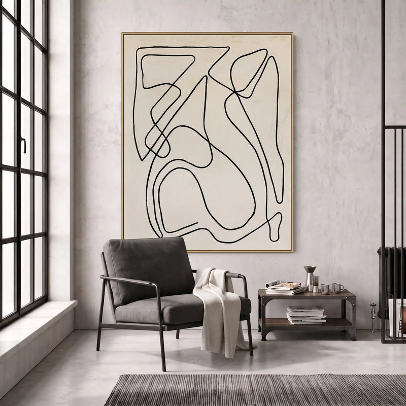 Abstract Oil Painting - Minimalist Black Line Art on Canvas
