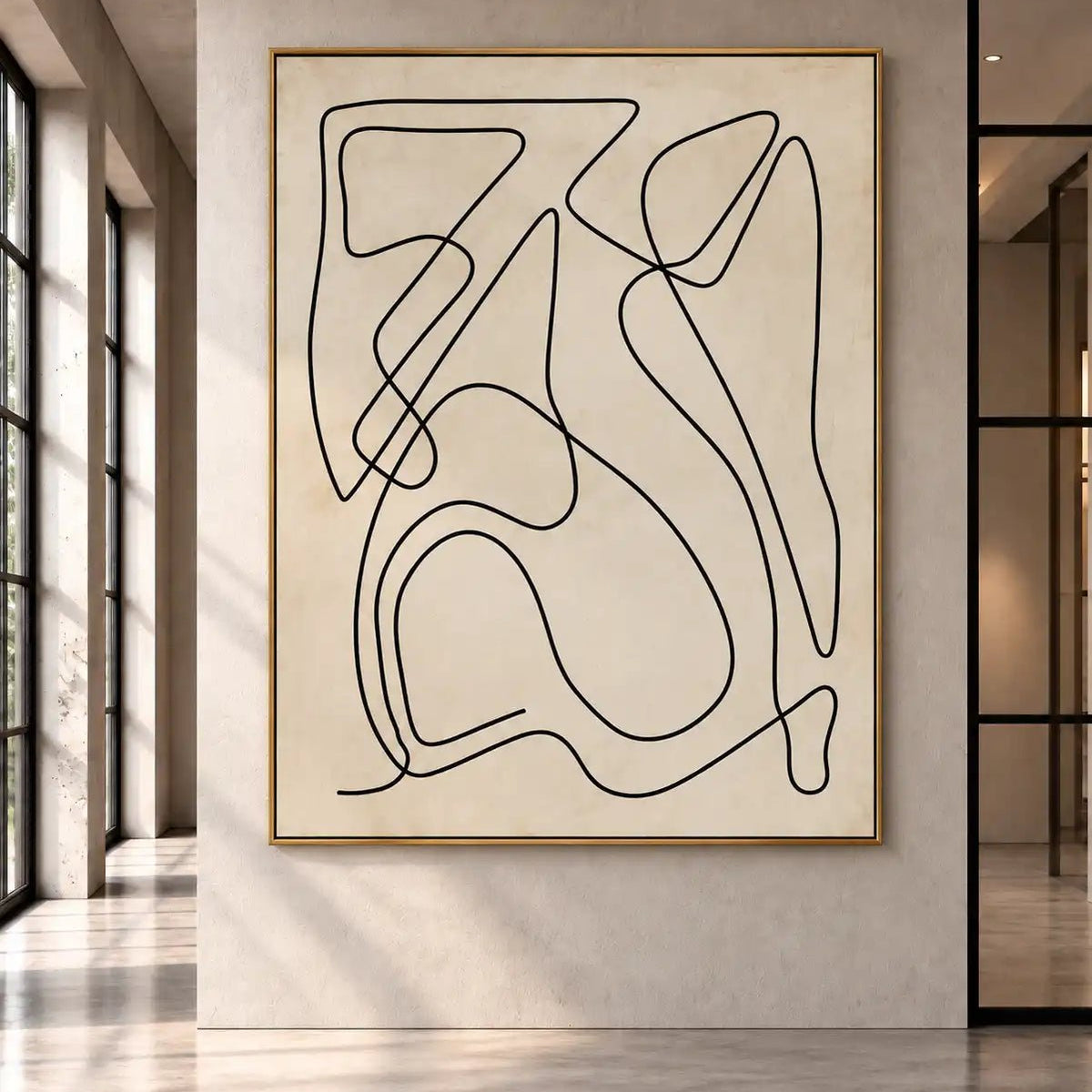 Abstract Oil Painting - Minimalist Black Line Art on Canvas