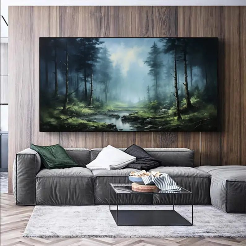 Abstract Oil Painting - Misty Forest River Landscape Wall Art - Oil Painting Haven
