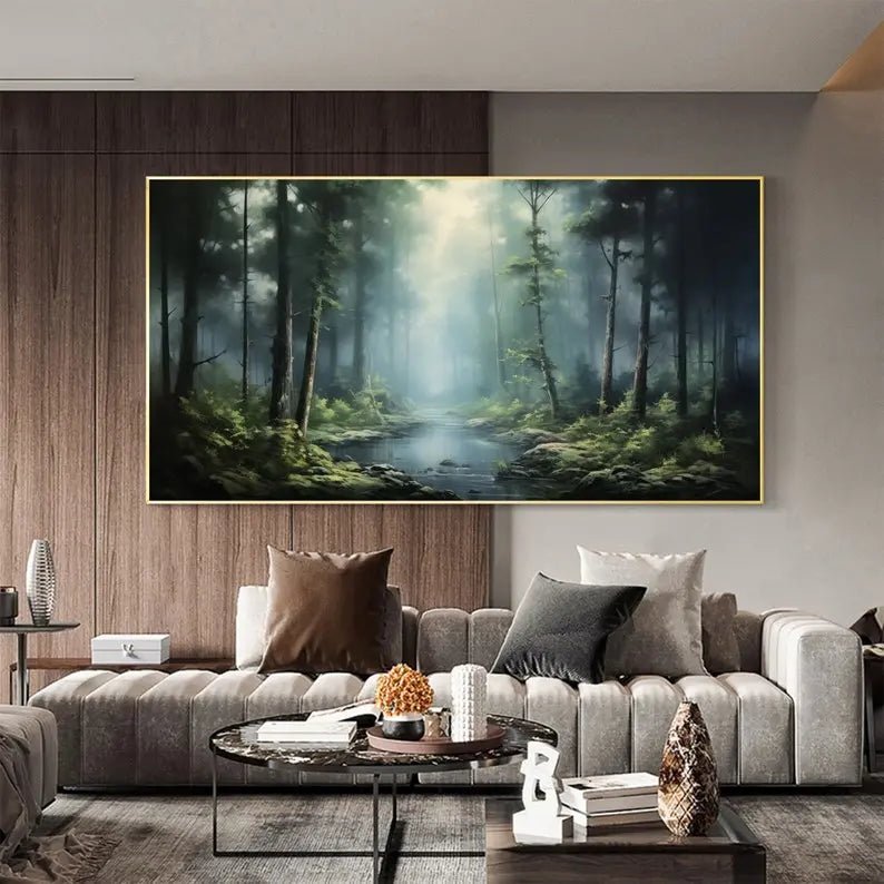 Abstract Oil Painting - Misty Forest with Stream Wall Art - Oil Painting Haven